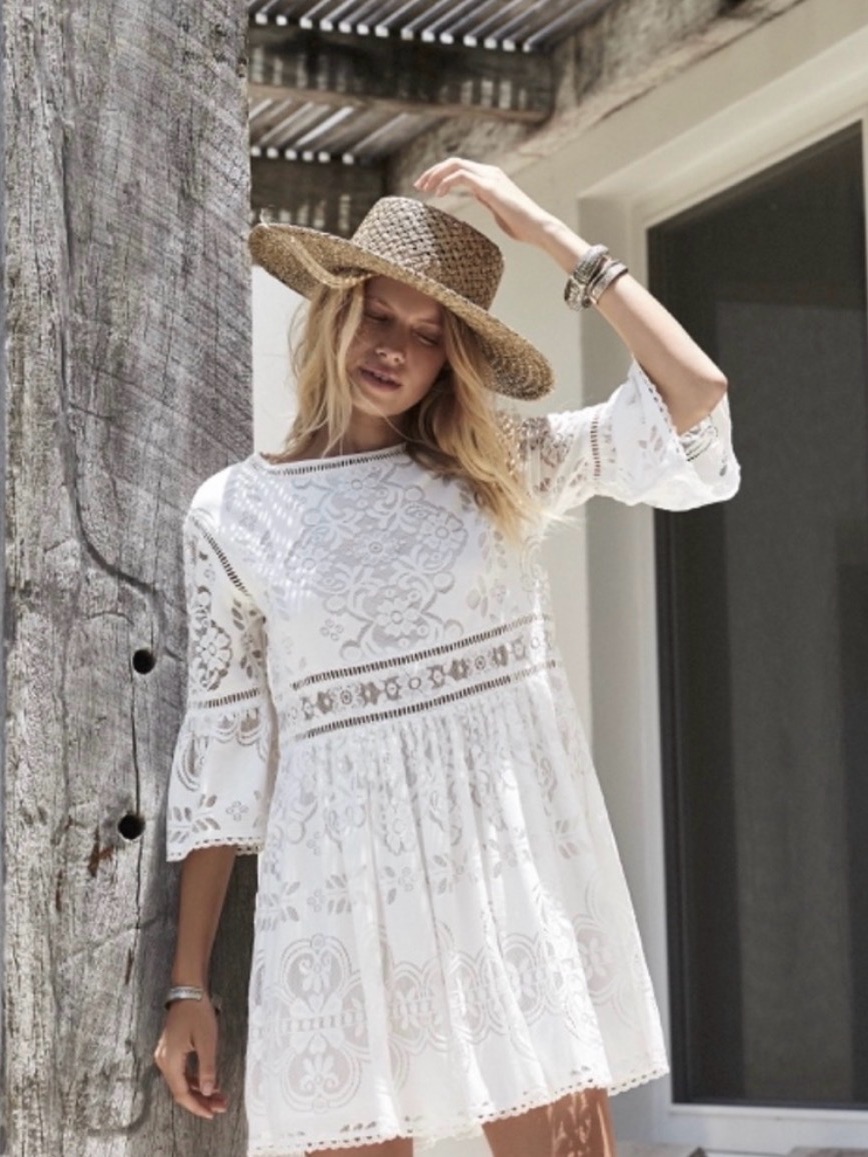Spell Cream Lace Fit-And-Flare Dress With Bell Sleeves